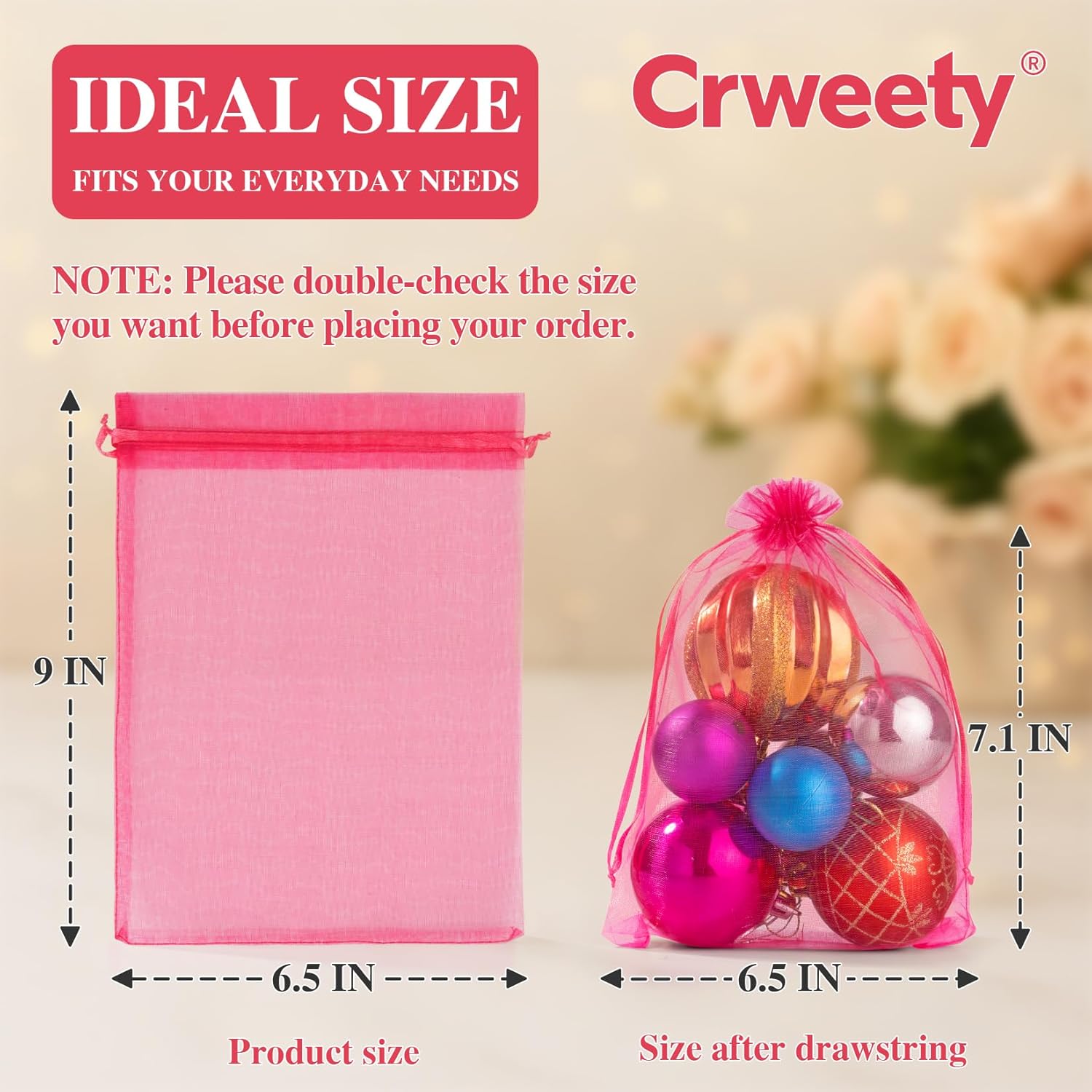 Crweety 50 Pcs White Organza Bags 6x9 Inches, Large Mesh Gift Bags Drawstring, Jewelry Pouches Candy Treat Sachet Mesh Bag Drawstring for Wedding Party Favors Baby Shower & Goodie Gifts