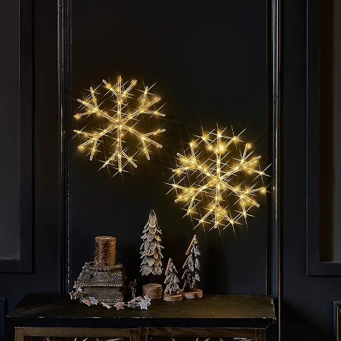 Fudios Lighted Snowflake LED Warm White Battery Operated with Timer 70L Fairy Lights 14in for Christmas Wall Window Winter Decoration Indoor Outdoor use