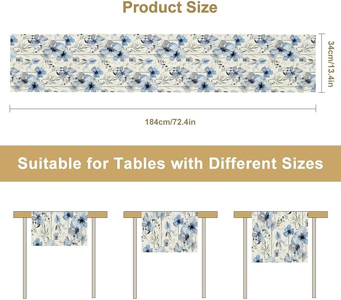 Watercolor Floral Table Runner, Blue Poppy Flower Seasonal Spring Summer Table Runner for Kitchen Dinning Table Runner Decor Home Wedding Party Holiday, 13x108 Inch