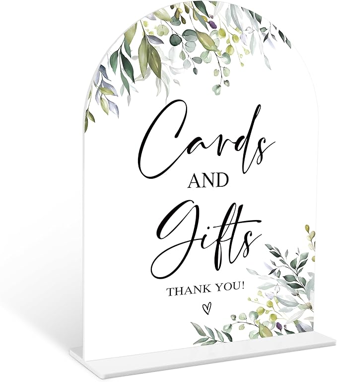 Greenery Cards and Gifts Sign, 6 x 8 Inch White Arch Acrylic Wedding Sign with Holder, Wedding Sign for Ceremony and Reception, Wedding Decoration, Wedding Supplies - LY01