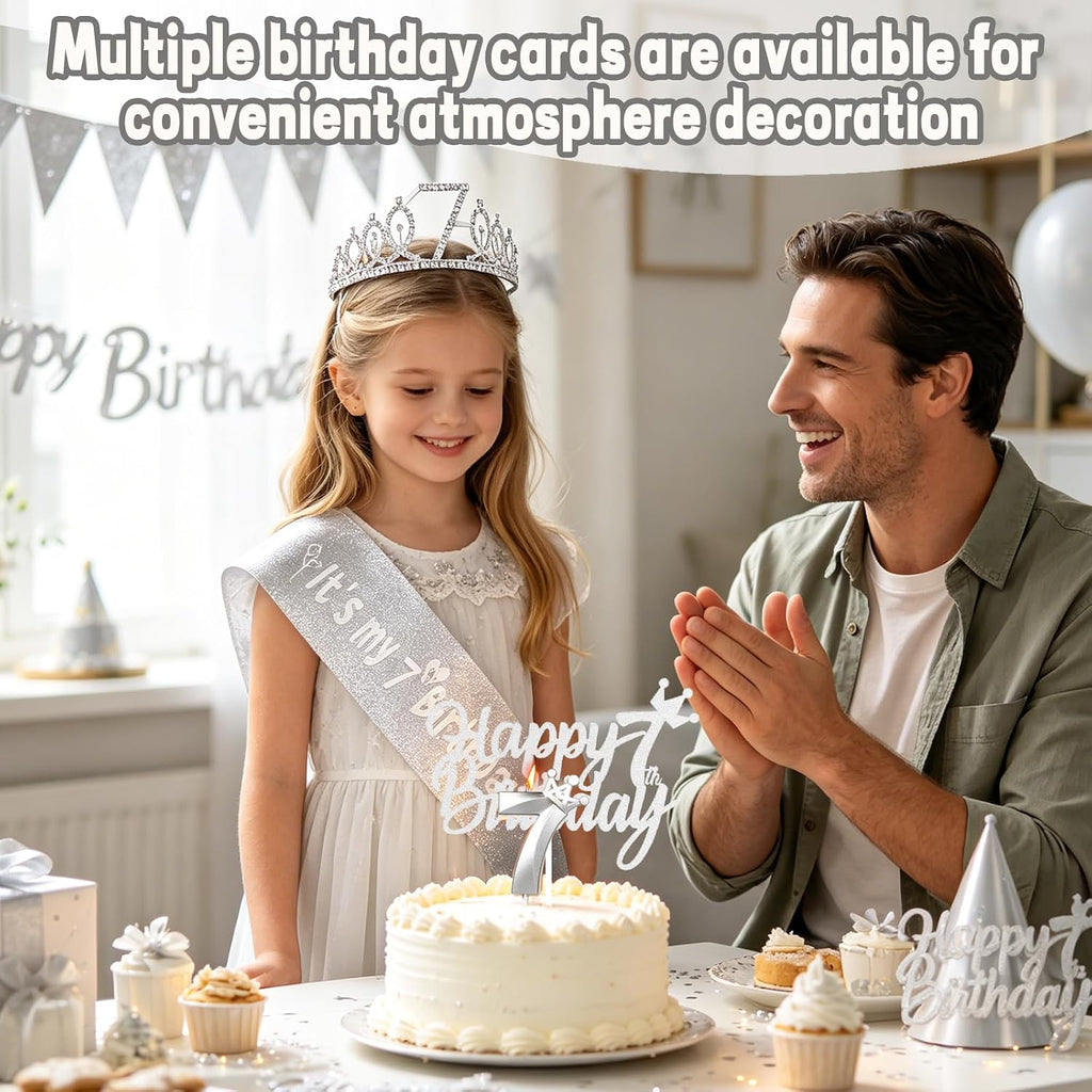 Silver Birthday Party Decorations Including Birthday Crown/Tiara, Sash, Number 9 Candle and Cake Toppers, 9 Year Old Birthday Gift Ideas