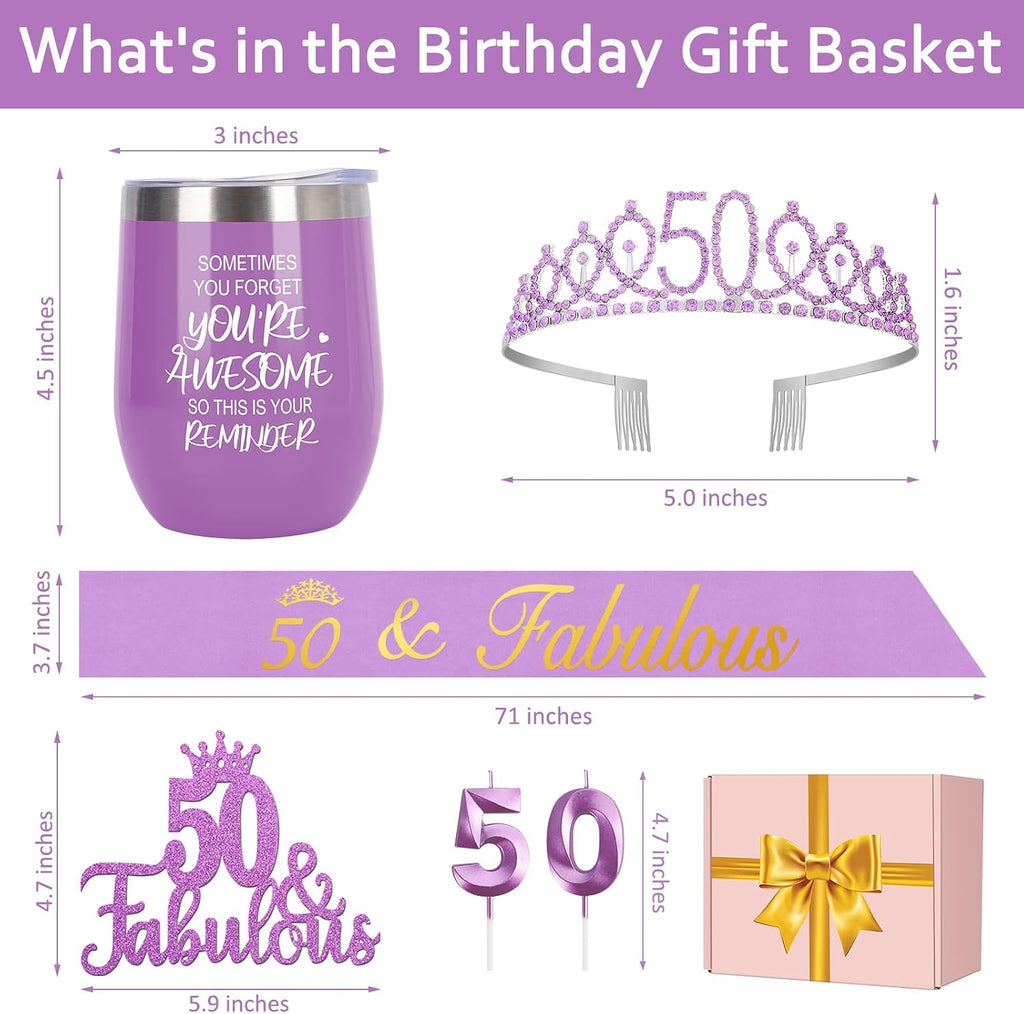 50th Birthday Gifts for Her with 12oz Tumbler/Mug Wine or Coffee, Birthday Crown, Sash, Cake Topper and Candles, 50 Year Old Decorations Women Purple
