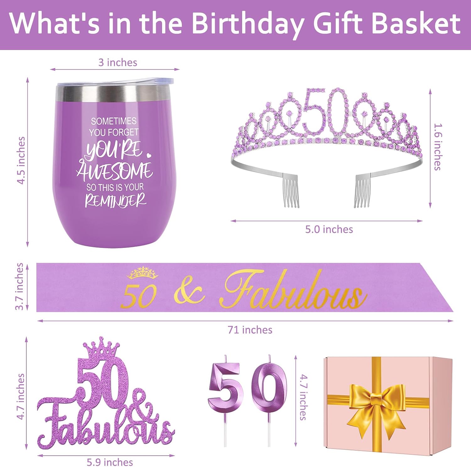 50th Birthday Gifts for Her with 12oz Tumbler/Mug Wine or Coffee, Birthday Crown, Sash, Cake Topper and Candles, 50 Year Old Decorations Women Purple