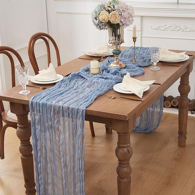 Dusty Blue 2 Pack Cheesecloth Table Runner 120 Inch 10 FT Boho Rustic Gauze for Wedding Baby Shower Party Farmhouse Summer Home Decor Washable