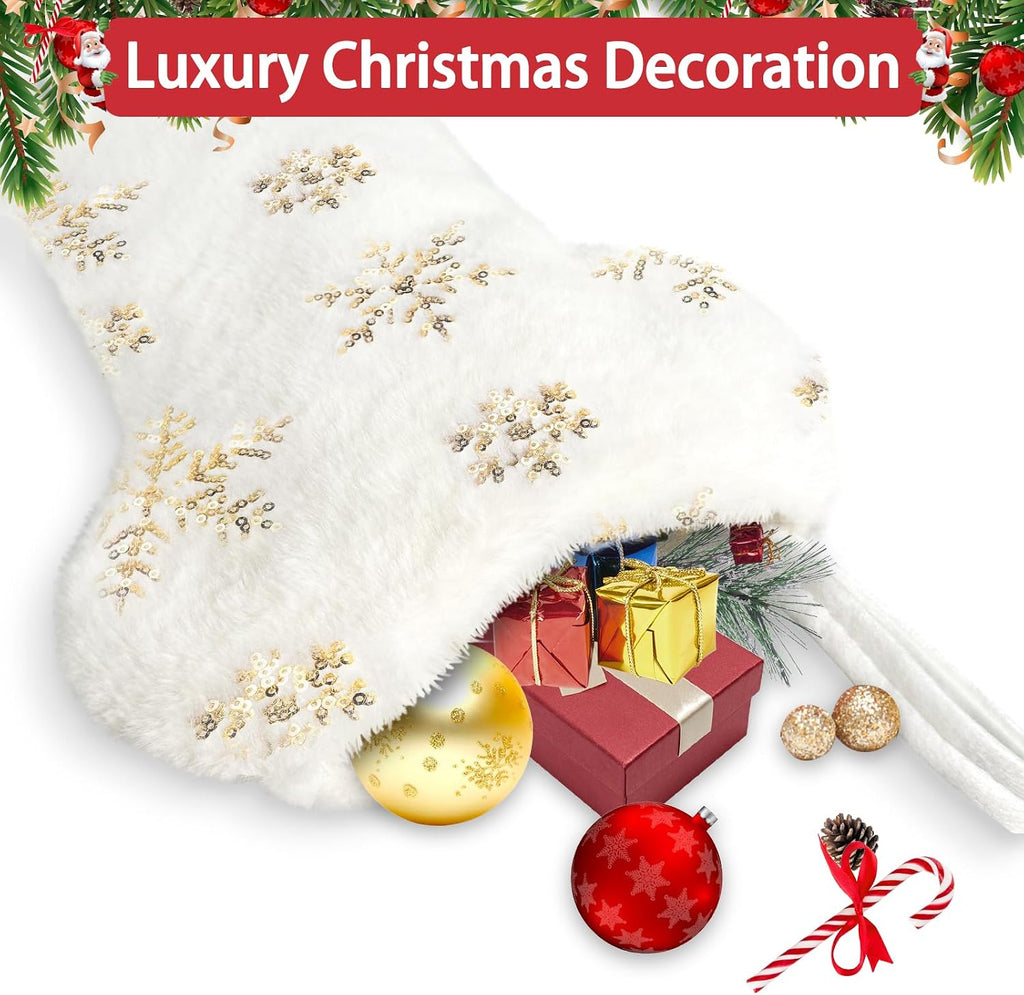 Dog Christmas Stocking with Name Tags DIY,Personalized Snowy White Bone Shaped with Gold & Silver Snowflake Sequins Family Decoration Faux Fur Christmas Stocking for Dog Pet (Gold Sequins)