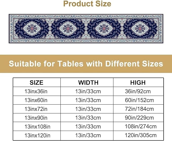 Elegant Palace Boho Blue Table Runner Vintage French Style Farmhouse Geometric Home Farmhouse Kitchen Table Dining Coffee Room Garden Party Wedding Decor 13x120in