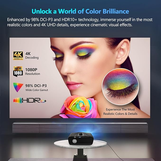 Ultra HD 4K Projector Auto Focus HDR WiFi6, Smart LED WiFi Bluetooth Projector 4K Daylight Home Cinema Movie Gaming 2300ANSI Ceiling Mounted Indoor Outdoor with Auto Keystone Zoom HDMI USB LAN Apps
