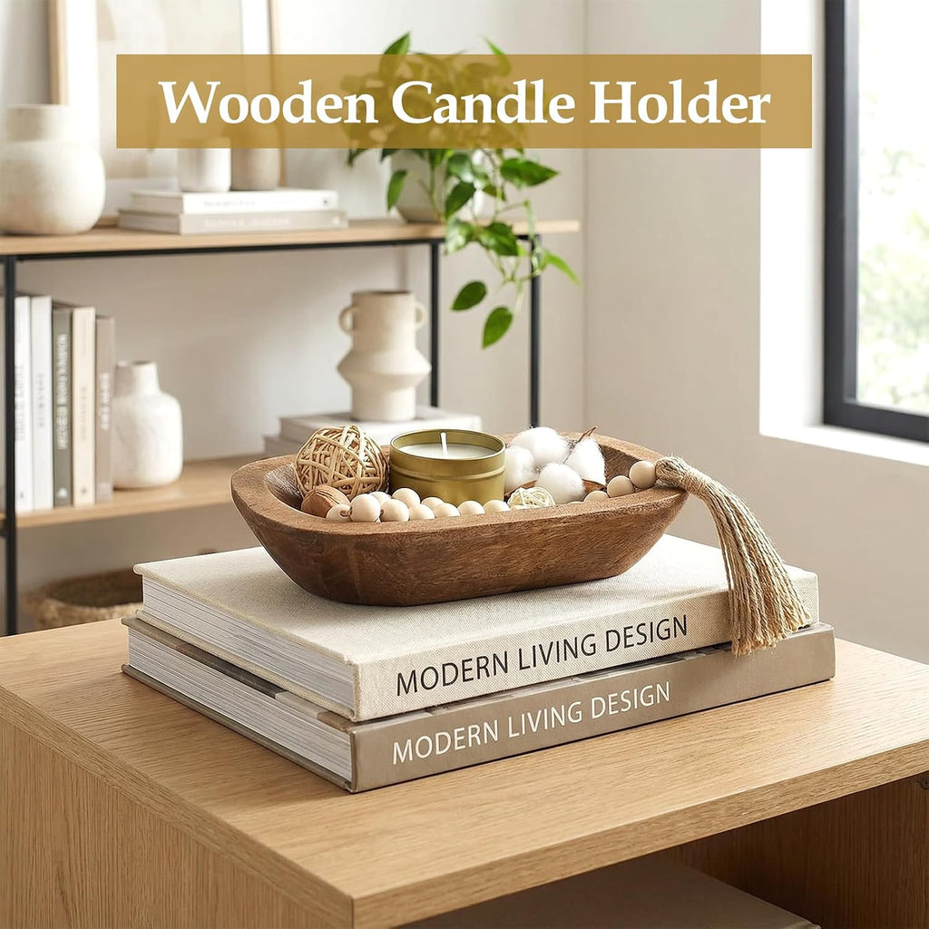 Fenteer Wooden Dough Bowl for Candle Making, Hand Carved Solid Wood Catchall Tray, Rustic Centerpiece for Kitchen Counter and Dining Table, 9.8x5.9 in