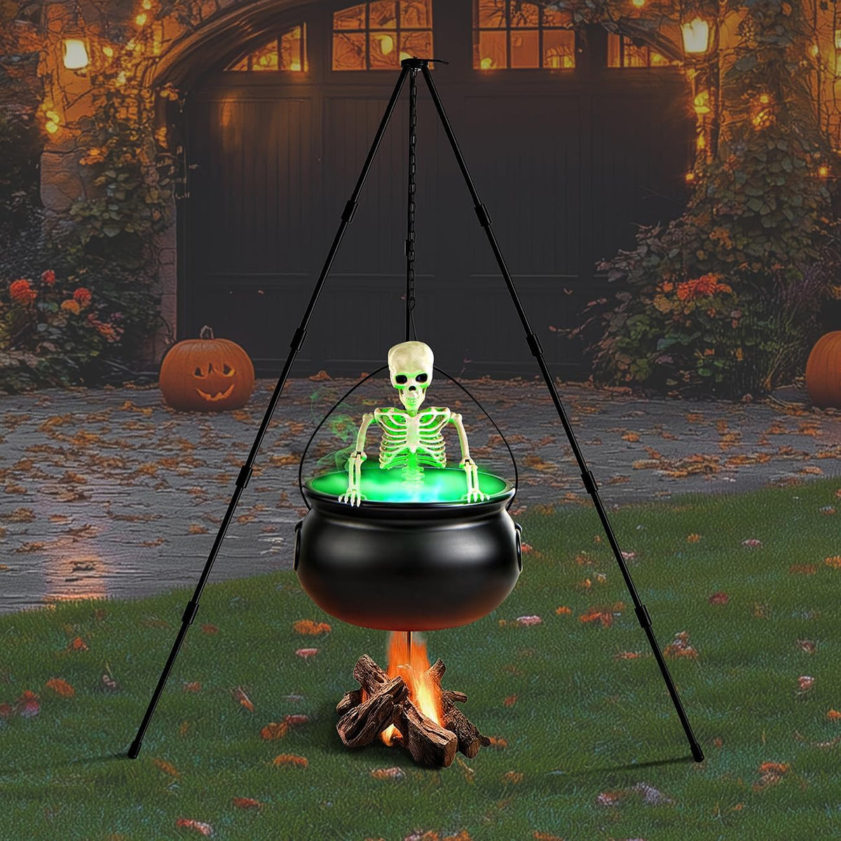 halloween decorations outdoor witch cauldron tripod with fog shown in use