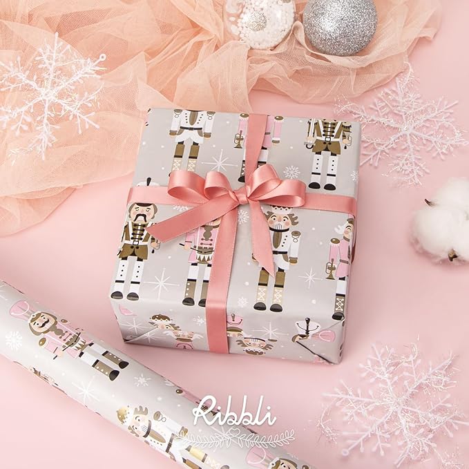 Ribbli Reversible Christmas Wrapping Paper Rolls, Nutcracker and Candy Cane Pink Gift Wrapping Paper-17 Inch x 33 Feet