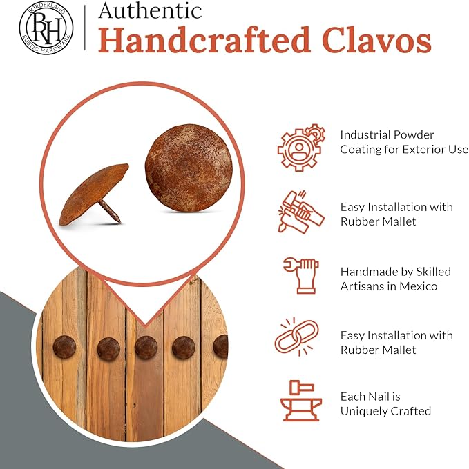 50 Pack 2" Round Head Iron Clavos Decorative Nails – Rusted – Handmade Rustic Round Fasteners for Farmhouse Shutters, Faux Wood Beams, Barn Doors, Shutters, Gates – Ornamental Wood Accent