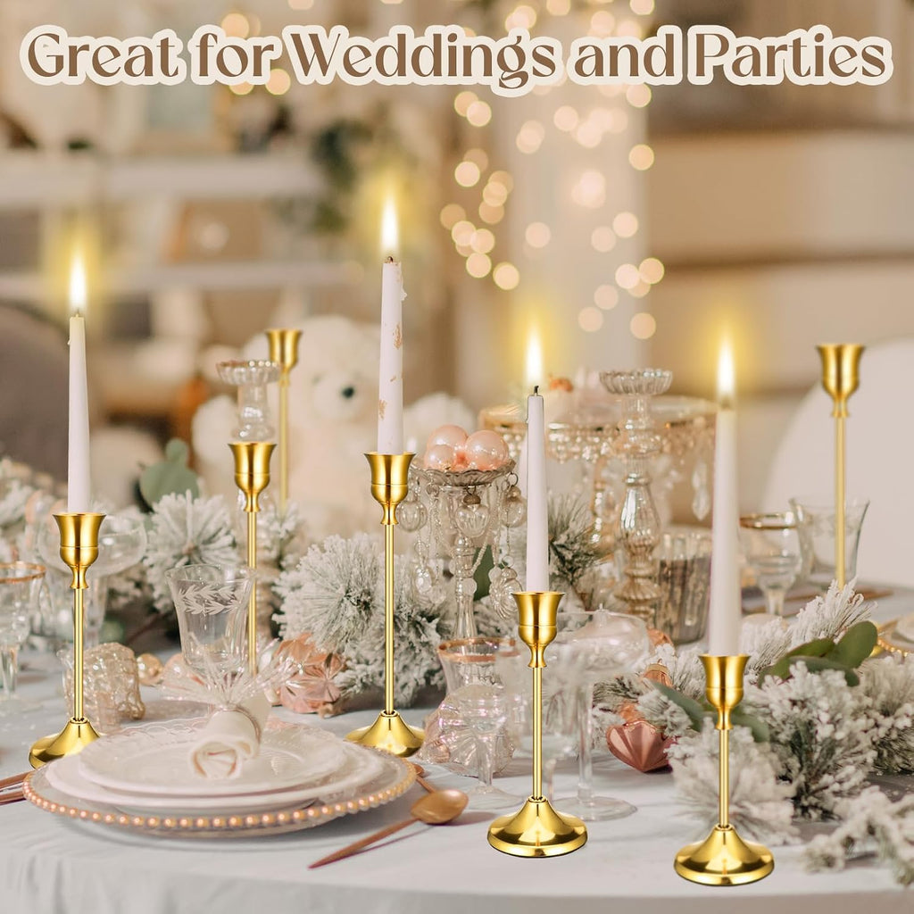 24PCS Brass Gold Taper Candle Holders Set, Vintage Metal Candlestick Holders for Table Centerpiece, Wedding Reception, Festive Christmas Mantel Decoration Gold
