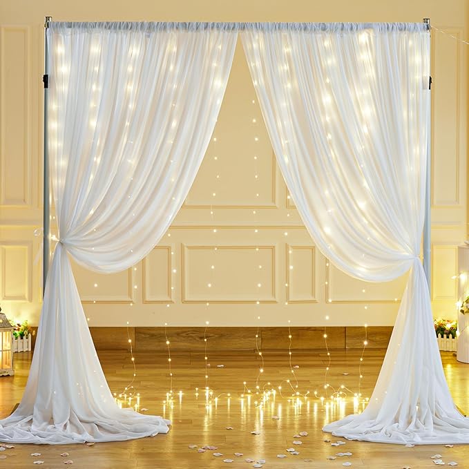 10x10ft White Sheer Backdrop Curtain with Lights String for Wedding, Fairy Light Up Curtain Backdrops for Baby Shower, Chiffon Photo Backdrop Drapes for Birthday Party Photo Shoot (5 x 10ft,2 Panels)