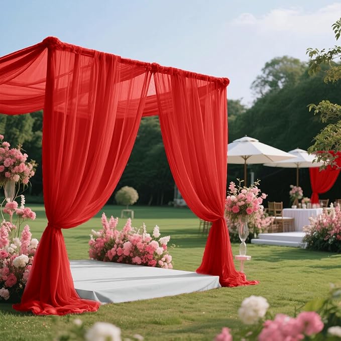 Wedding Arch Draping Fabric 29" x 18 FT Red Sheer Chiffon Outdoor Curtain Drapes for Wedding Birthday Party Ceremony Decor(2 Panels, Red)