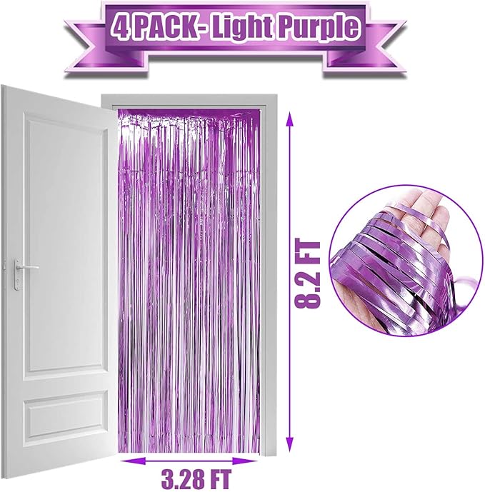 4 Pack Light Purple Foil Fringe Curtain Backdrop, 3.28Ft x 8.2Ft Metallic Tinsel Foil Fringe Streamers Curtains for Party,