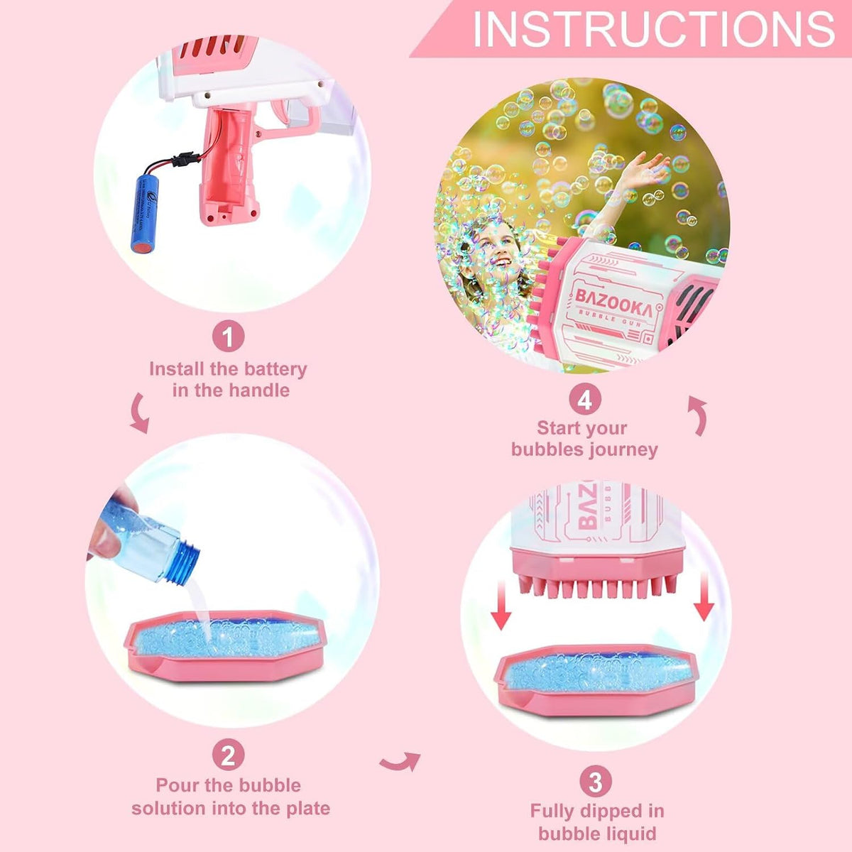 Deserthome Bubble Gun, Pink Bazooka Bubble Machine with Bubble Solution
