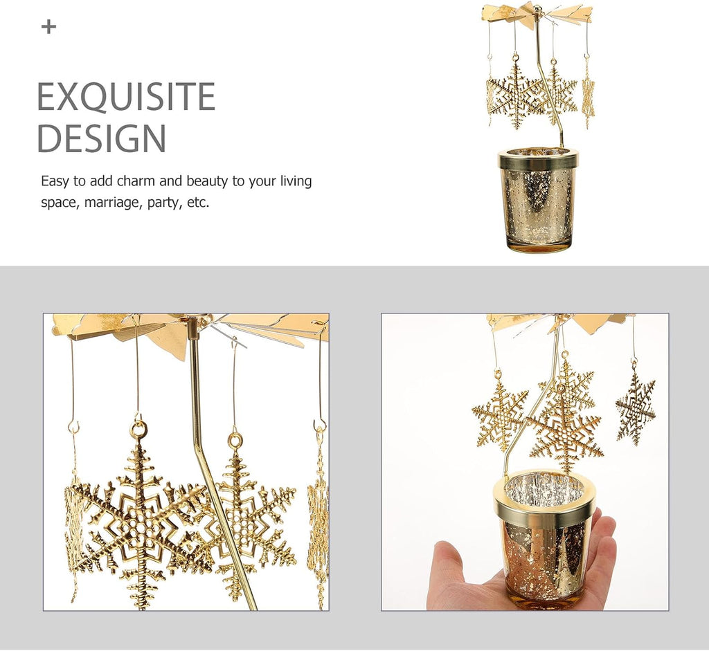 Holibanna Rotating Candlestick Christmas Carousel Tea Light Gold Candle Holder (2PCS Snowflake)