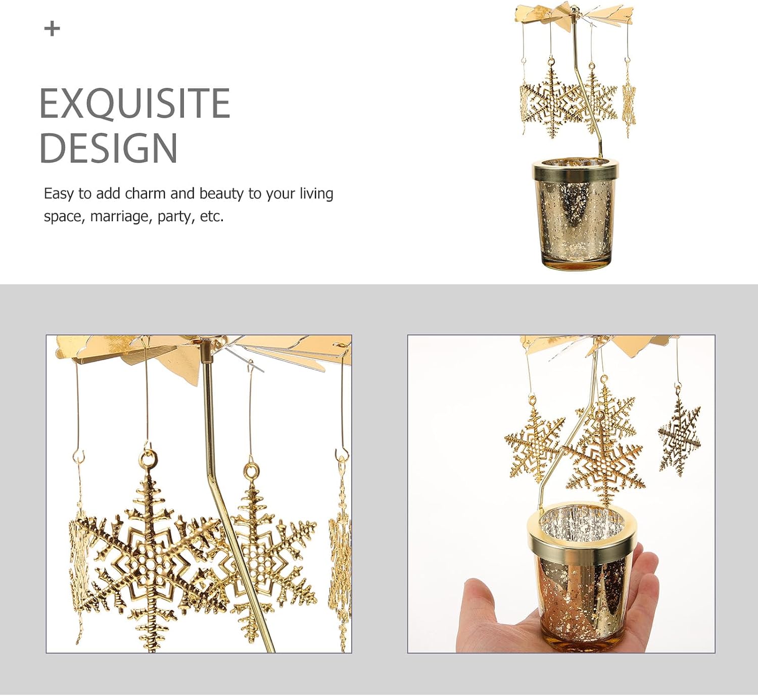 Holibanna Rotating Candlestick Christmas Carousel Tea Light Gold Candle Holder (2PCS Snowflake)