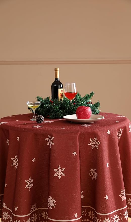 ISAENNE Designer Christmas Red Small Round Tablecloth,Linen Table Cloth with Snowflakes Pattern,Wrinkle Resistant Decor Tablecloths for Dining Kitchen Thanksgiving Christmas,Diameter 55"-Carol C