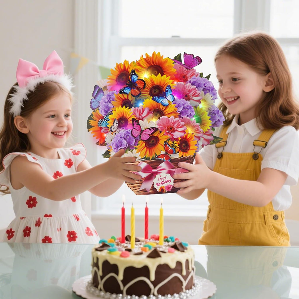 MZD8391 Birthday Cards with MUSIC & LIGHTS, Pop Up Happy Birthday Card, Sunflower & Butterfly, 10 Inch Life Sized Forever Flower Bouquet Gifts for Women Mom Grandma