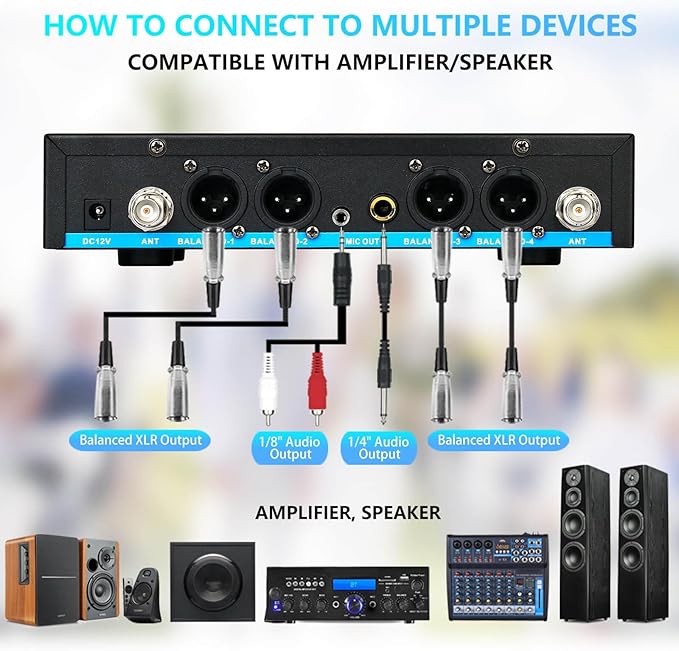 4 Channel Rechargeable Wireless Microphone System, Pro UHF Metal Handheld Headset Lavalier Lapel Cordless Mics for Karaoke Singing Church with VOL Control, 4x50 Adjustable Frequency(G8)