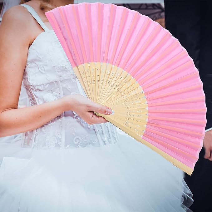 Aneco 18 Pieces Pink Handheld Cloth and Bamboo Folding Fans for Wedding Decoration, Church Gifts, Party Favors, DIY Decoration