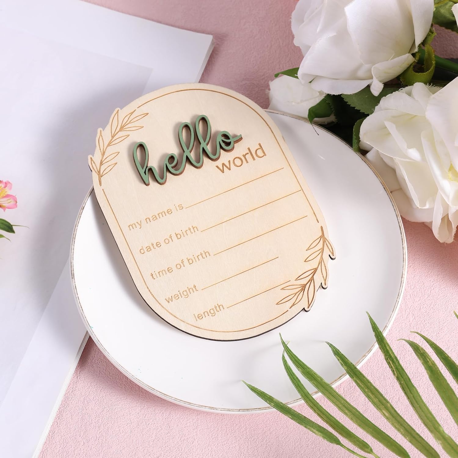Baby Announcement Sign, 5.91x4.13 Inch Wooden Hello World Baby Name Sign Newborn Announcement Sign Birth Announcement Plaque for Home Hospital Nursery