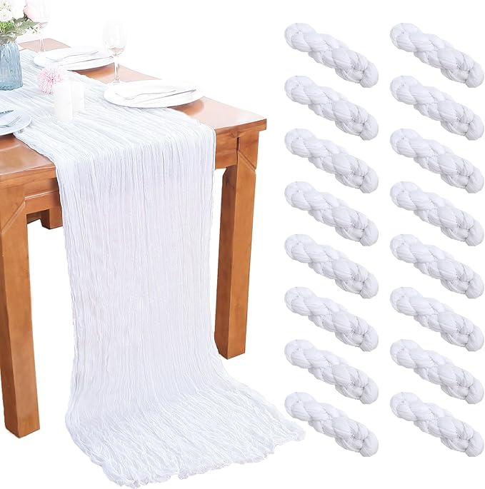 16PCS White Cheesecloth Table Runner 10FT 35x120Inch Boho Gauze Cloth Long Rustic Sheer for Wedding Party Baby Bridal Shower Decor