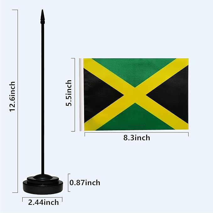 Jamaica Jamaican Deluxe Desk Flag Set, Small Mini Miniature Jamaica Jamaican Table Desktop Flags With Solid Pole, Black Base and Spear Top(2 Pack)