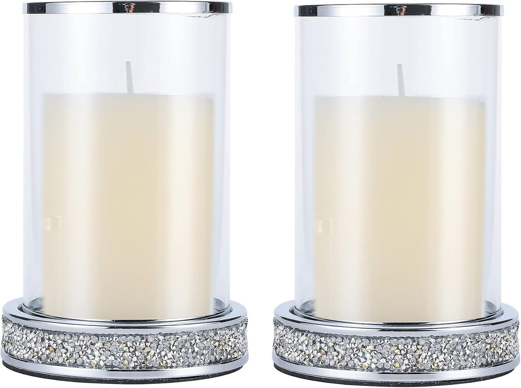 Pillar Candle Holders set of 2,Hurricane Candle Holders for Pillar Candle,Glass Candle Holder for Coffee Dining Table, Wedding, Christmas, Halloween, Home Decoration,Silver Candle Holders
