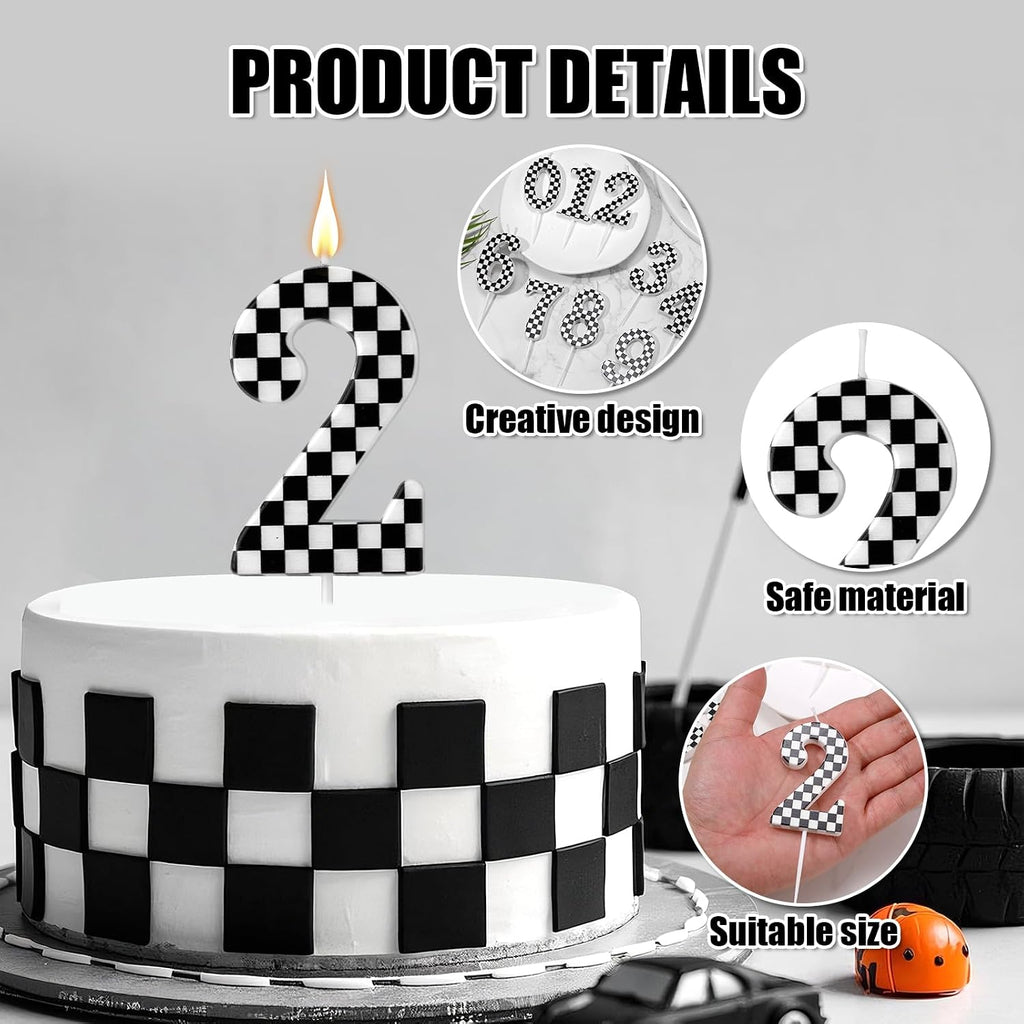 Racing Cars Themed Birthday Candle, Checkered Flag Number Candles Black and White Candles Happy Birthday Cake Topper Party Decorations for Boys Racing Cars Themed Party Supplies (Number 2)