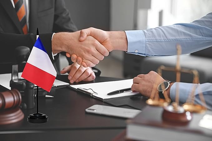 France French Deluxe Desk Flag Set, Small Mini Miniature France French Table Desktop Flags With Solid Pole, Black Base and Spear Top(2 Pack)