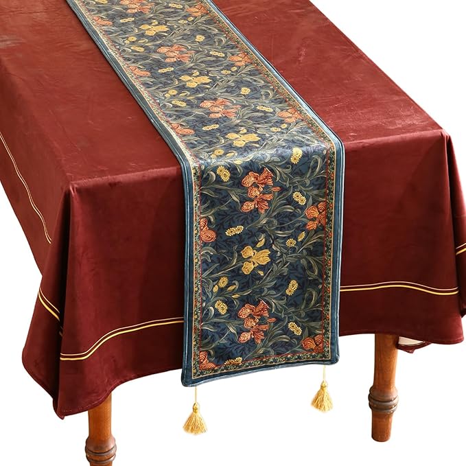 patdrea Designer Casual Wild Floral Velvet Table Runner 87 Inch Long, Dark Blue Occult Bouquets Pattern Table Mat, Decoration for Kitchen Dining Coffee Table Cabinet Banquet Thanksgiving,12"*87"