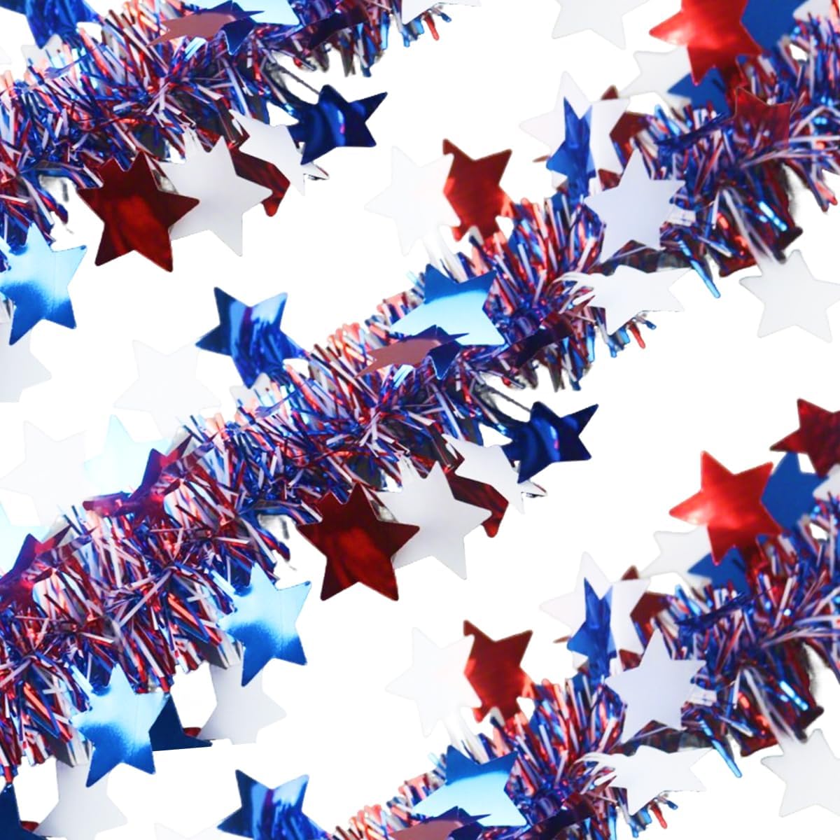 4th of July Red White Blue Star Tinsel Garland - 33 Ft Memorial Day Patriotic Decoration Independence Day Metallic Tree Fine Filament Garland Glitter Tinsel Hanging Twist for Veterans Day Decor