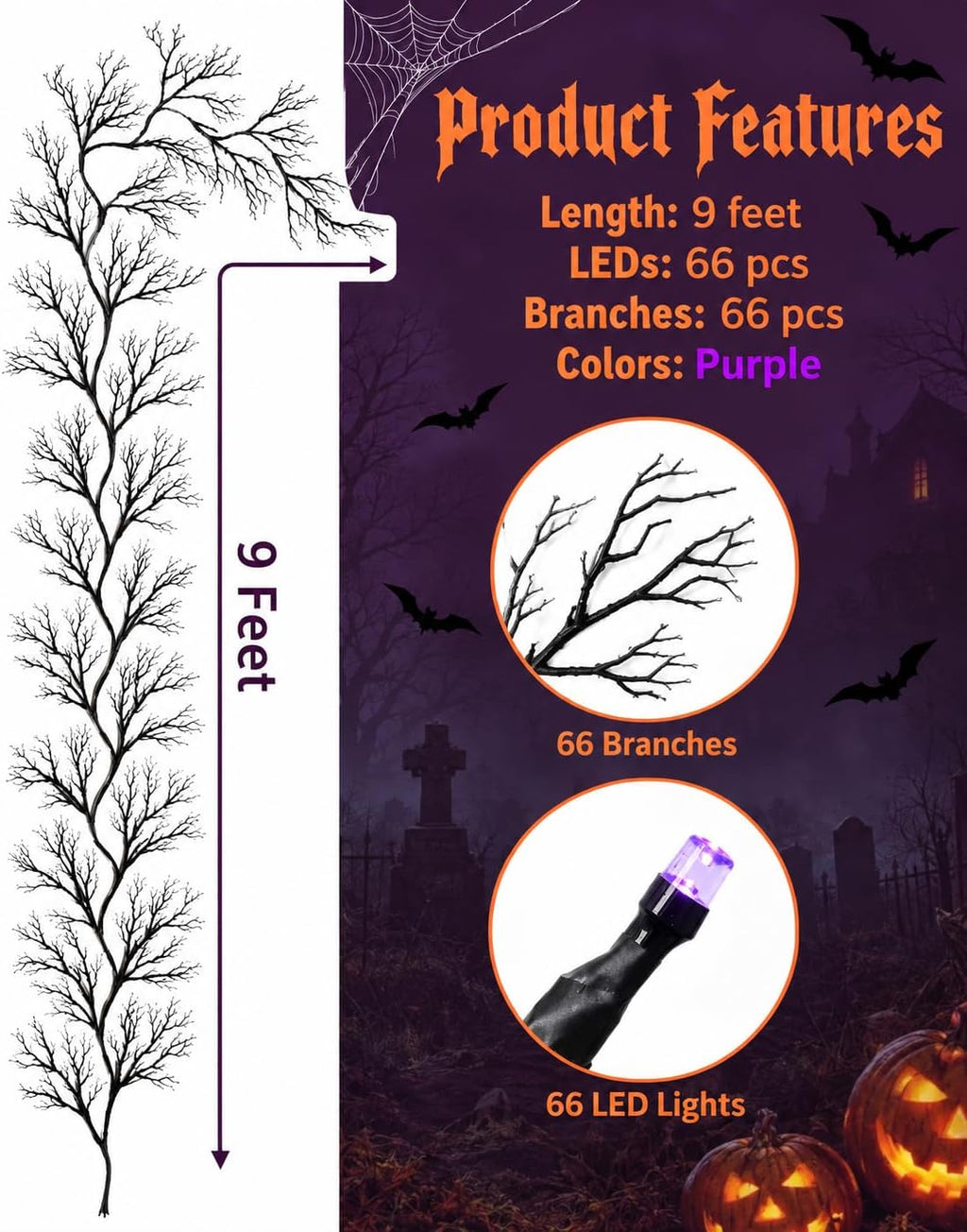 halloween twig garland decoration with 45 purple led, side view