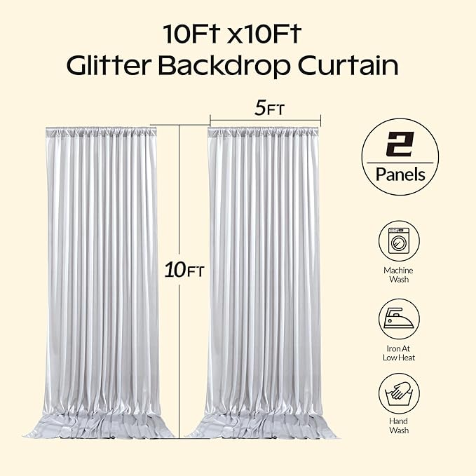Silver Glitter Backdrop Curtain for Parties Wedding,10Ft x 10Ft Satin Shimmer Photo Backdrop,Non-Wrinkle Sparkle Drapes for Backdrop,Back Drop for Photography, Birthdays,Weddings,Prom