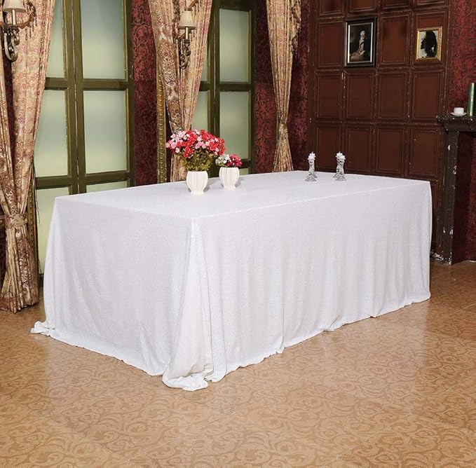SquarePie Sequin Tablecloth 60 x 102 Inch White Sparkly Table Linen for Wedding Party
