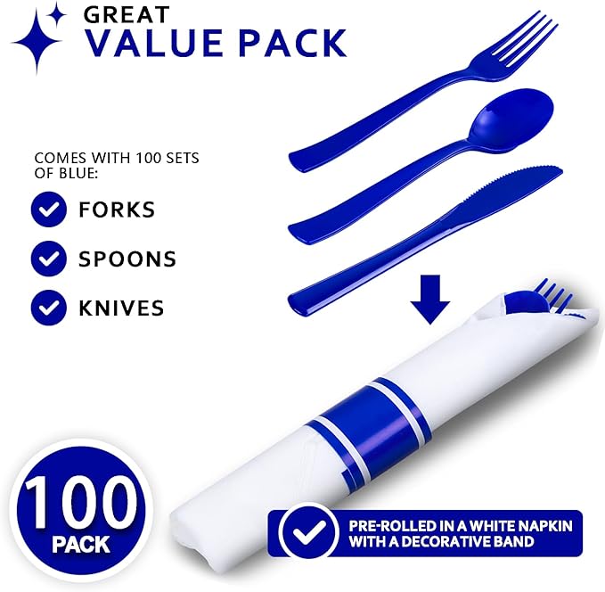 400PCS Pre Rolled Blue Plastic Silverware Sets - Heavy Duty Blue Cutlery - Include 100 Pack Wrapped Disposable Utensils with Napkins for Parties & Dinners & Weddings