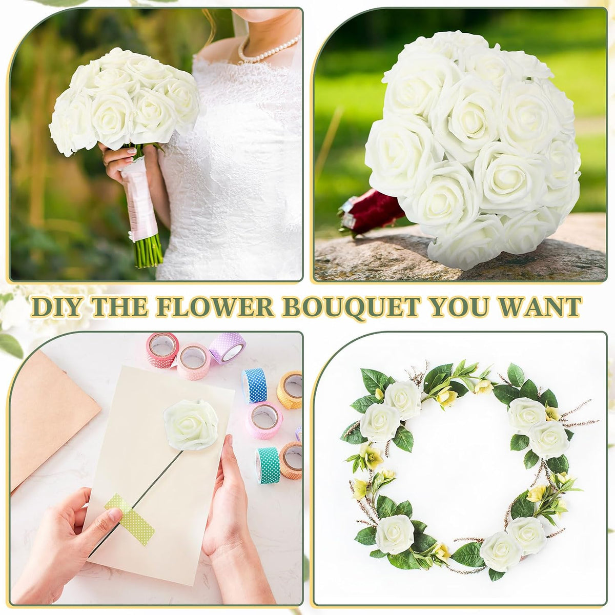 tigeen 200 pack white artificial roses with stems showing dimensions