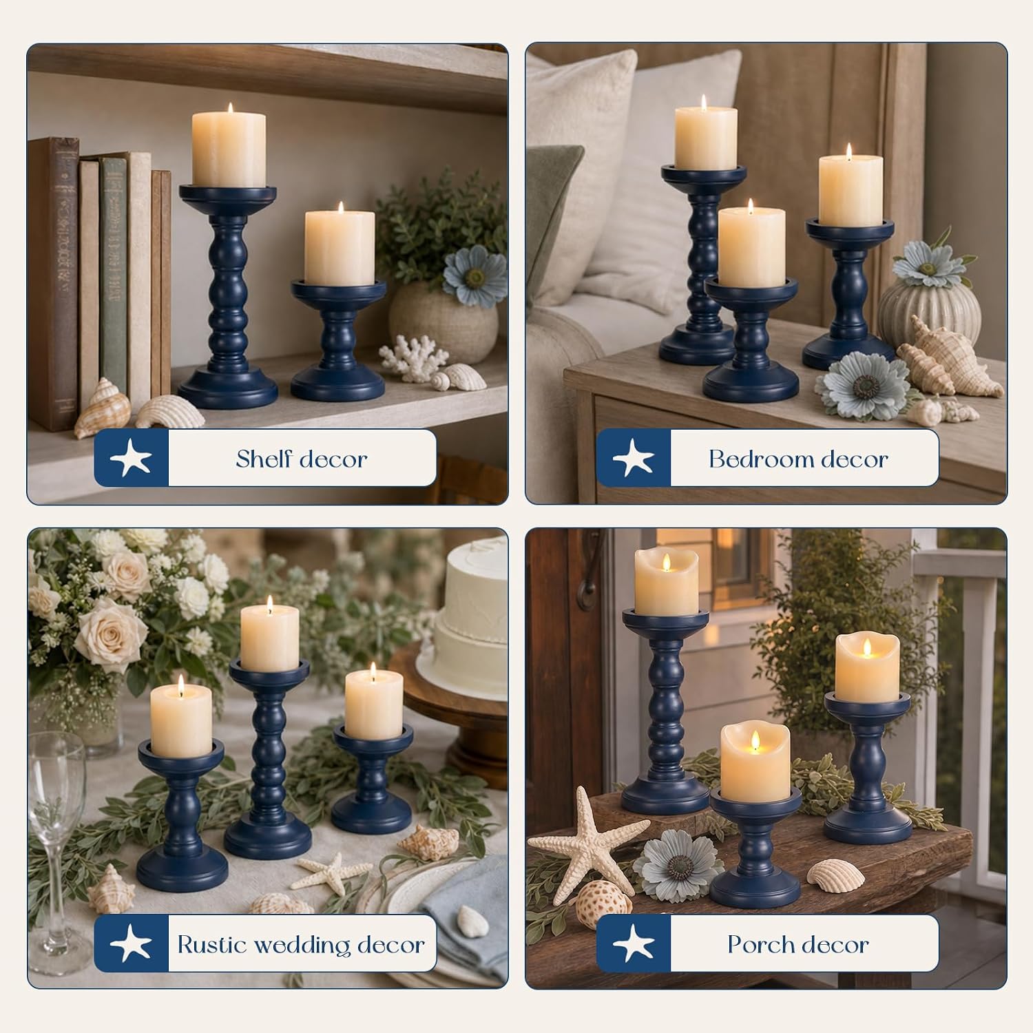 Candeldo Wood Candle Holder for Pillar, Navy Blue Coastal Decoration | Set of 3, Table Centerpiece, Tall Shabby Chic Decor, Wooden Rustic Kitchen Decor for Fireplace Mantle