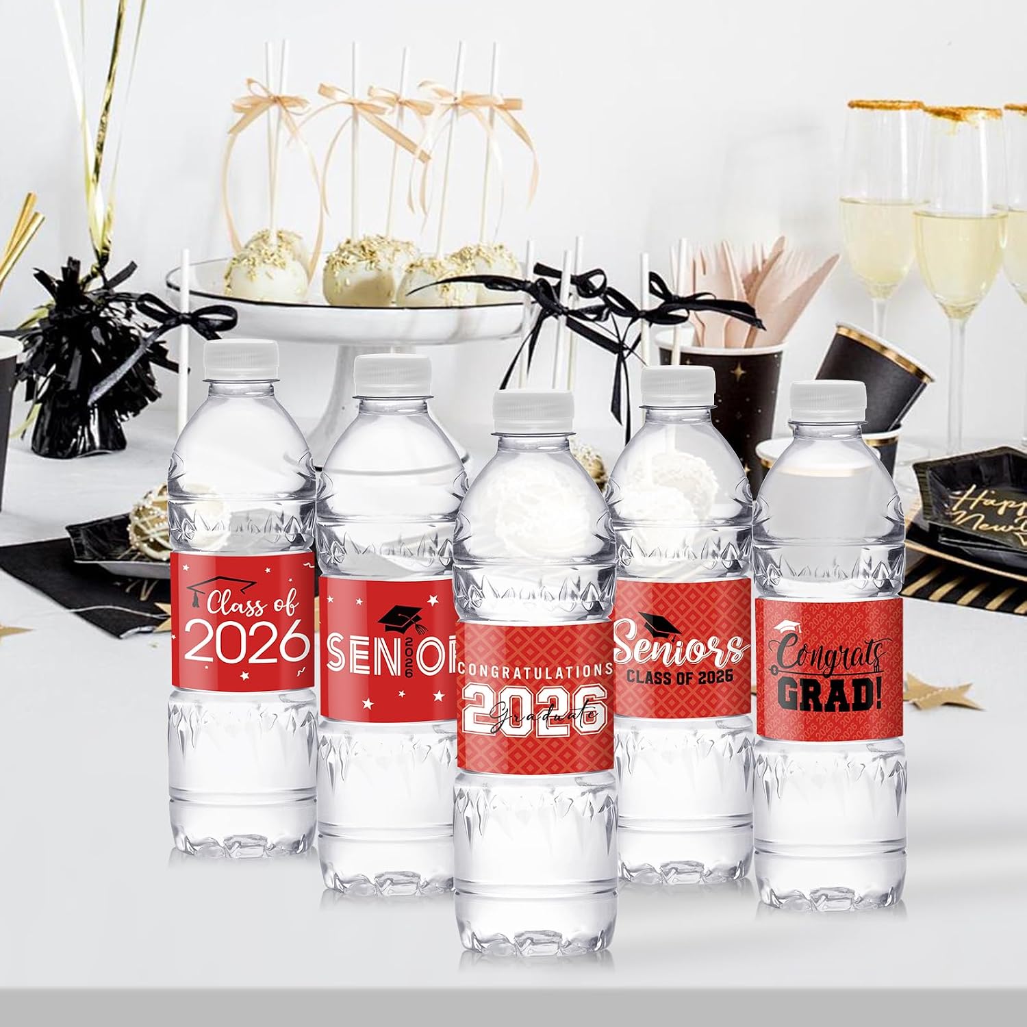 MASHAN 50 Pcs Class of 2026 Graduation Water Bottle Labels Party Decorations, Congrats Grad Water Bottle Wrapper Stickers, Graduation Party Favor Supplies for College Senior High School, Red