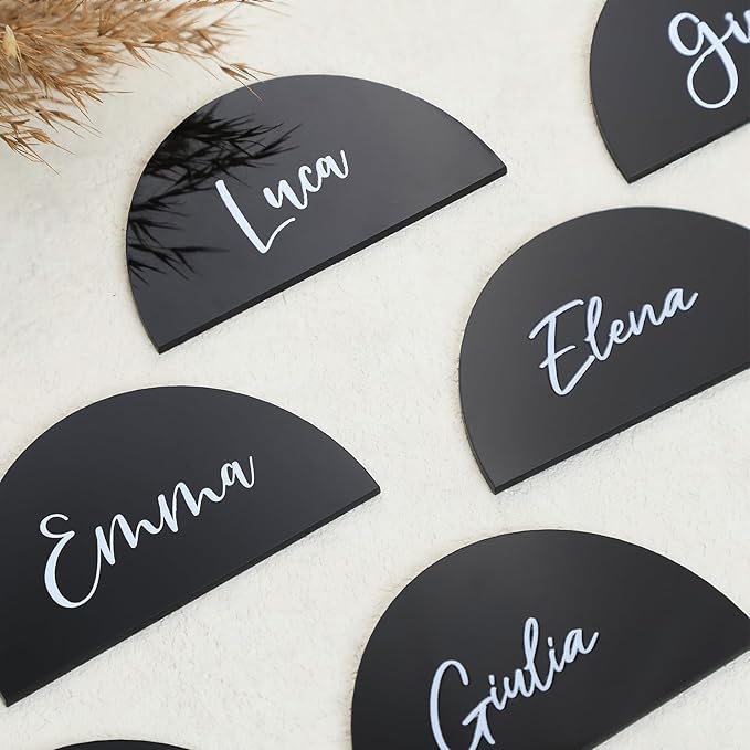 UNIQOOO 20 Pcs Black Semicircle Acrylic Place Cards, DIY Blank Half Circle Acrylic Sign, 1/8 inch Thick Perfect for Wedding Table Decor, Birthday, Centerpiece, Decoration, Party, Event,3.5x2 inches