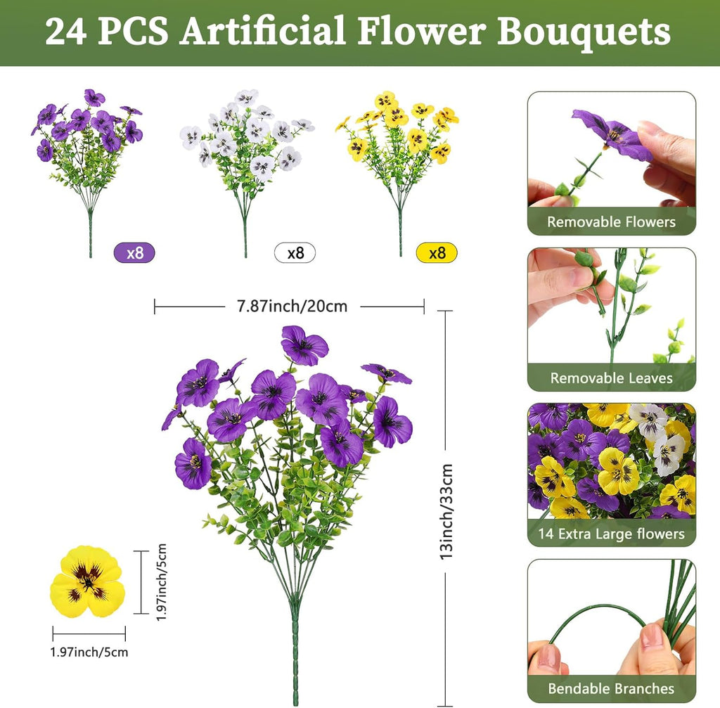 Alupssuc 24 Bundles Artificial Flowers for Outdoors Spring Decorations, Big Fake Flowers UV Resistant Realistic Pansies with Eucalyptus Silk Faux Flowers for Porch Yard, Yellow White CrimsonPurple