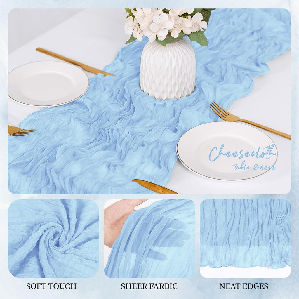 12 Pack Baby Blue Cheesecloth Table Runner 17x108 Inch Semi Sheer Boho Gauze Cheese Cloth Fabric Table Runners, for Wedding Party Baby Shower Birthday Home Decor Garden Farmhouse