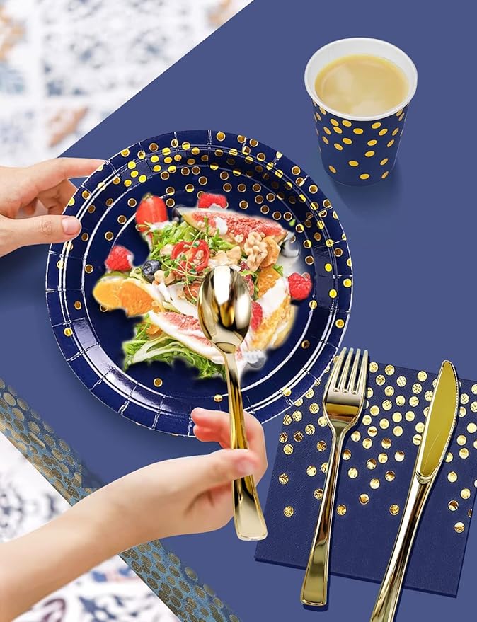 141 Pieces Navy Blue Gold Party Supplies, Party Dinnerware Sets Include Paper Plates Napkins Cups Silverware, for Wedding Bridal Shower Engagement Birthday Parties Decoration -20 Serves