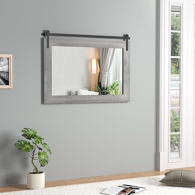 COGOOD Farmhouse Barn Door Mirror - 41" x 26" Rustic Wood Framed Wall Mirror for Bathroom, Living Room, Entryway Wall Decor (Grey)