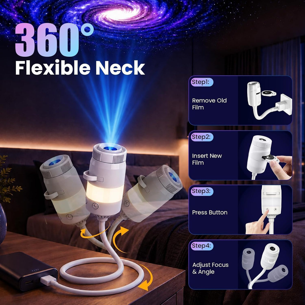 upgrade 2 in 1 galaxy projector night light on a desk or shelf
