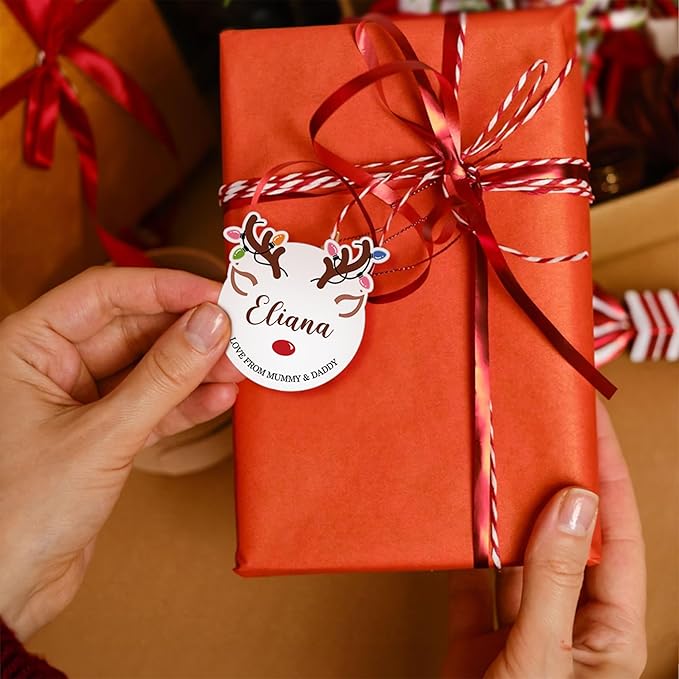 30pcs Personalized Christmas Stickers with Name, Custom Reindeer Waterproof Christmas Gift Tags for Gift Box Holiday Decorations, Stockings, Party Favors, 3"