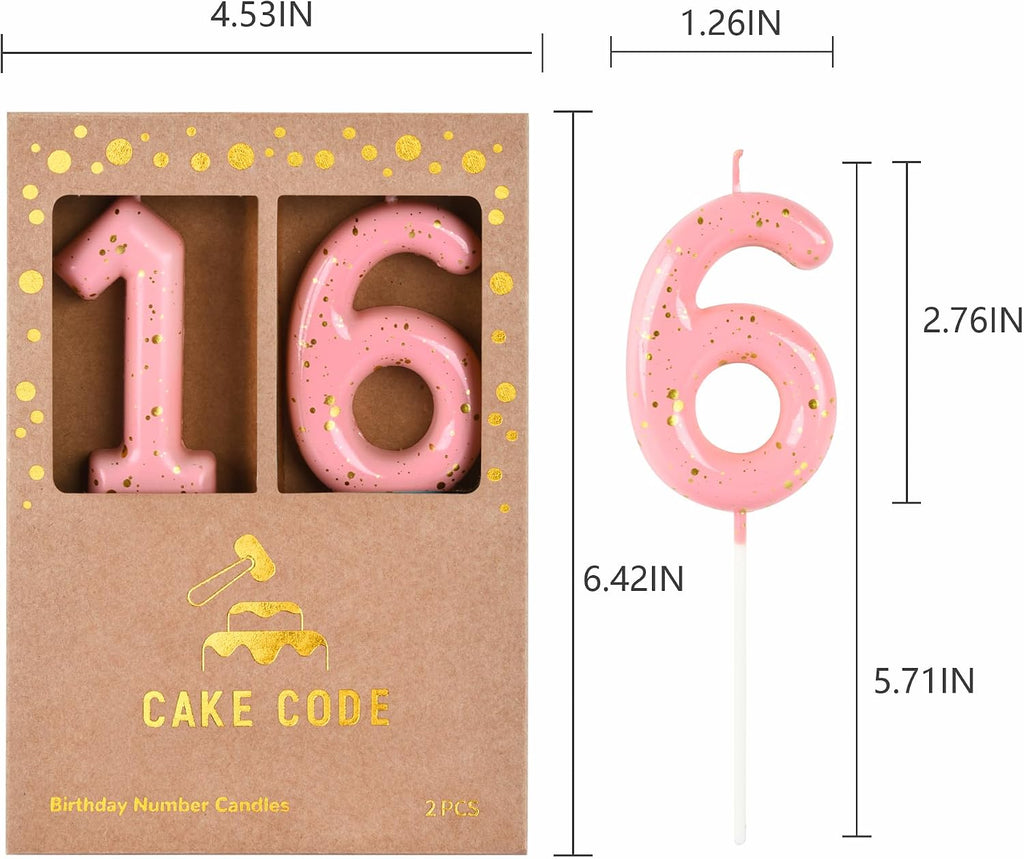 2.76 Inch Classical Pink Gold 16 Number Birthday Candles, Gold Number Candles, Cake Number Candles, Party Celebration