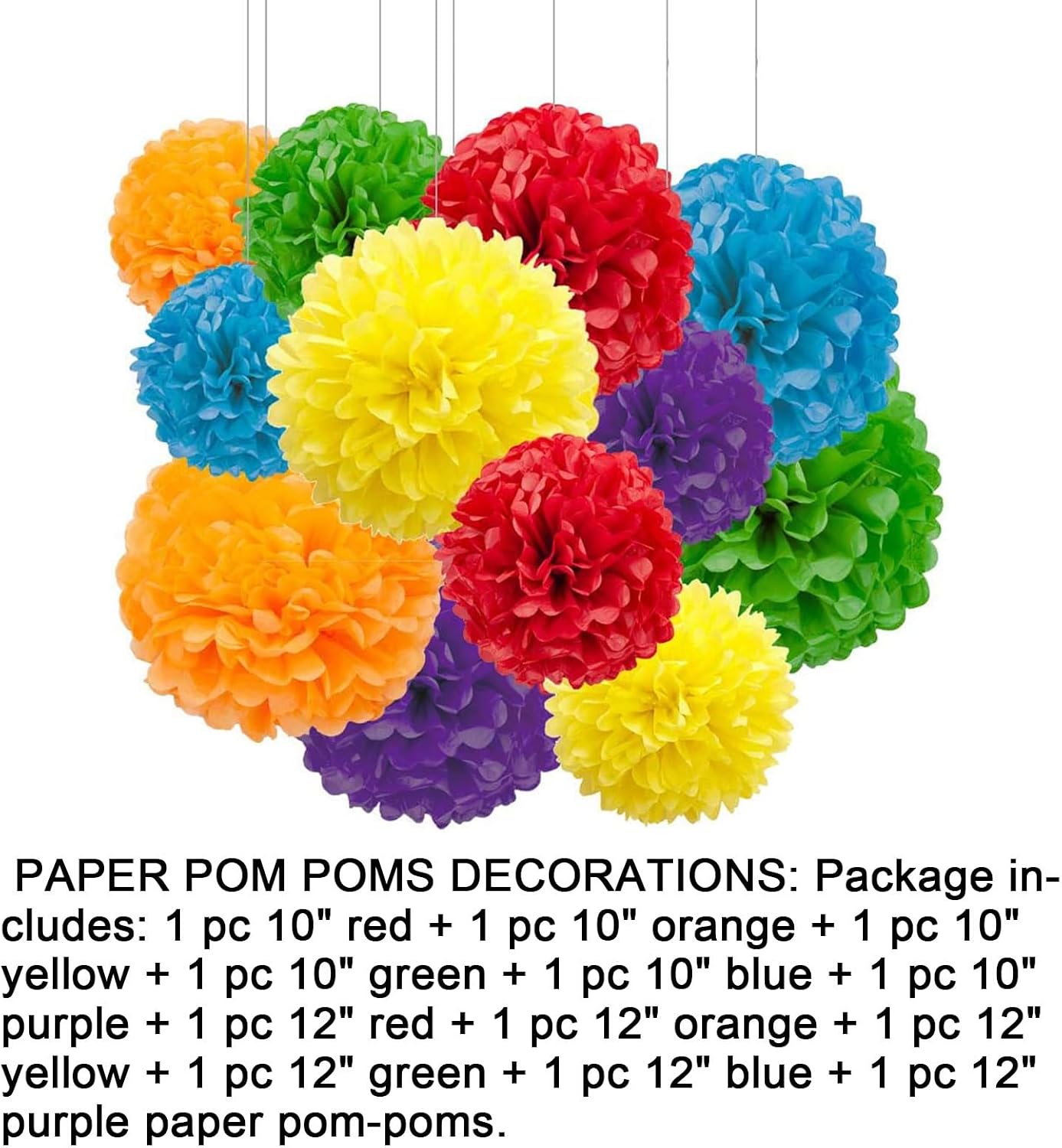 Aimto 12pcs Rainbow Paper Pom Poms Decorations for Party Ceiling Wall Hanging Tissue Flowers Decorations - 6 Colors of 12 Inch, 10 Inch